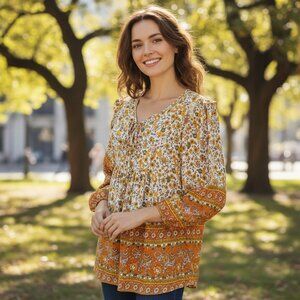 Cottage Core Peasant Boho Tunic Top Blouse Womens L Elephant Flowers Autumn Fall